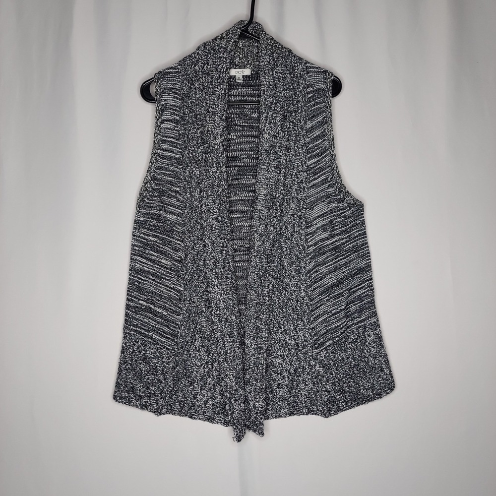 Cache Sweater Vest Cardigan Womens Medium Black‎ White Marled Knit Open Front